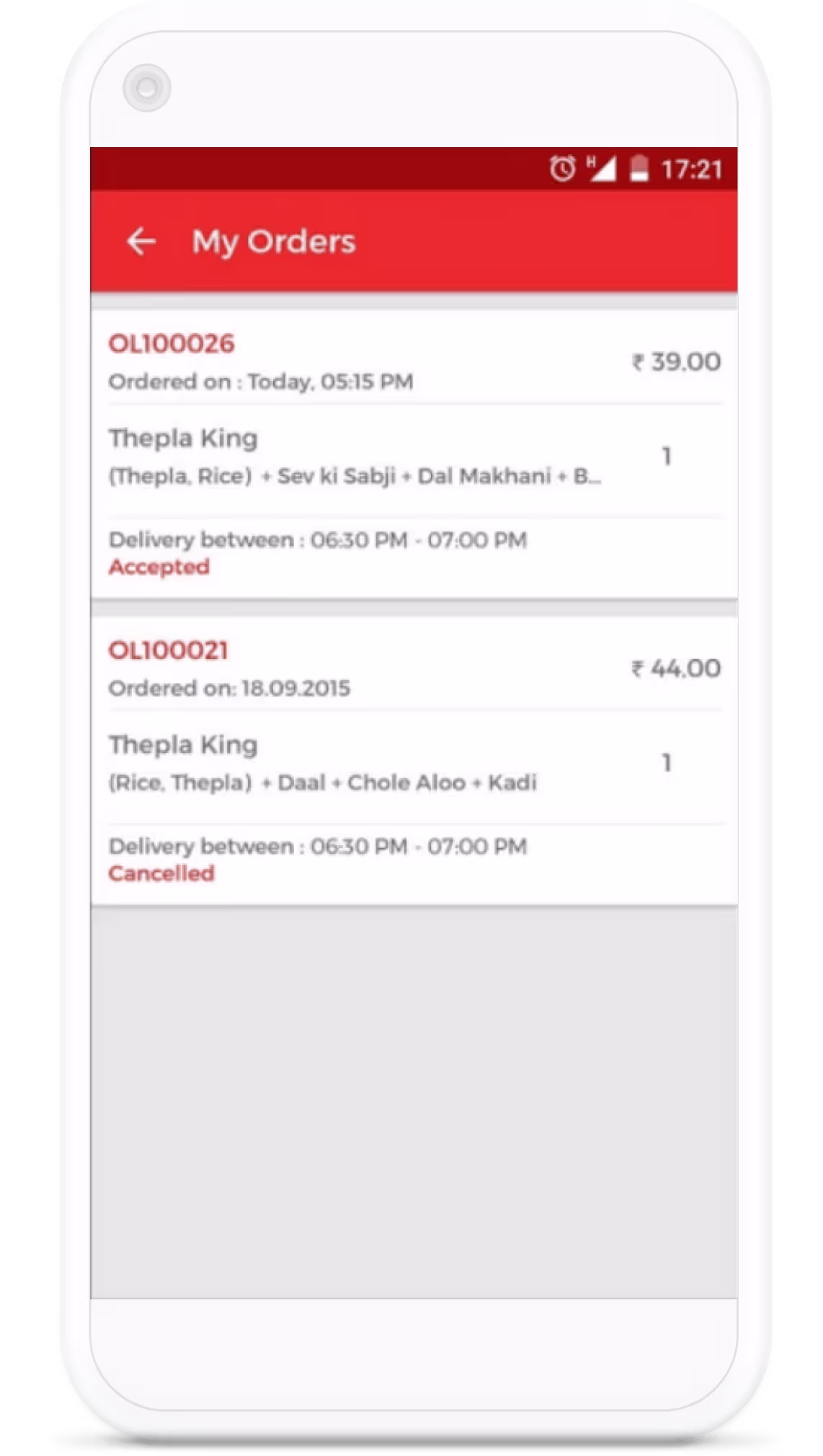 PocketChef order history showing delivery windows and order status