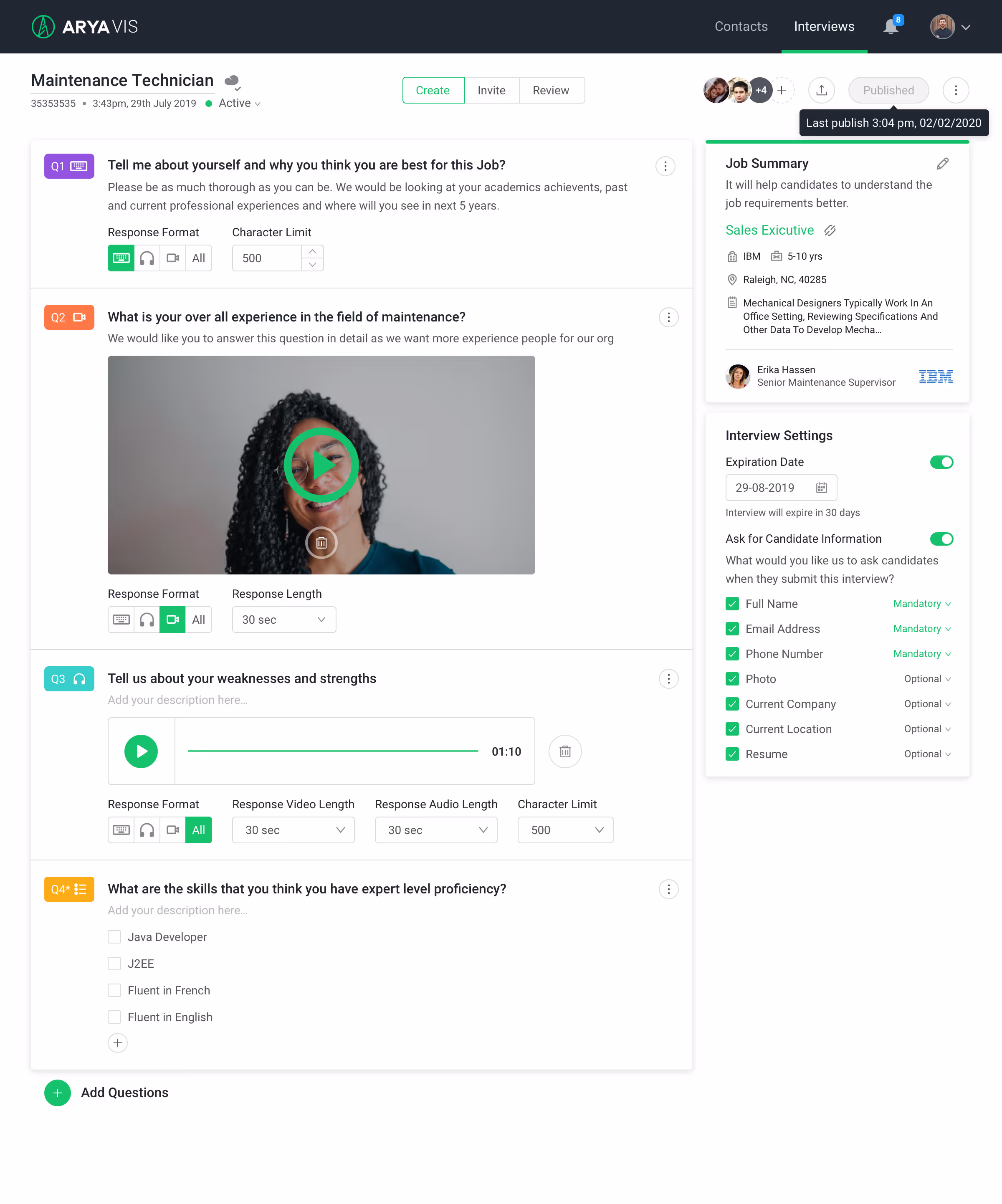 Arya Impression interview builder with video response questions and interview settings
