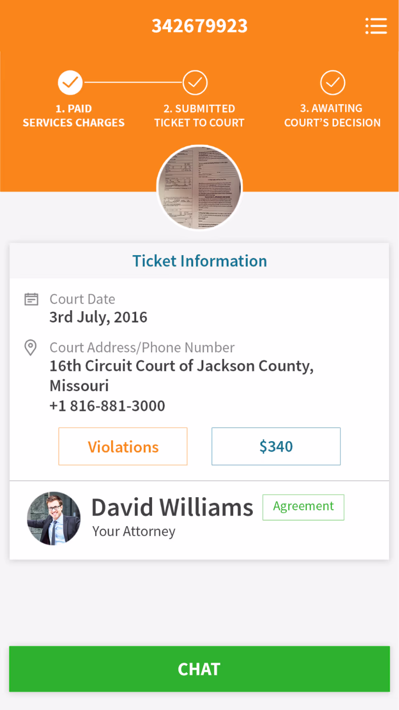 ResQyou ticket status with the court details and the assigned attorney