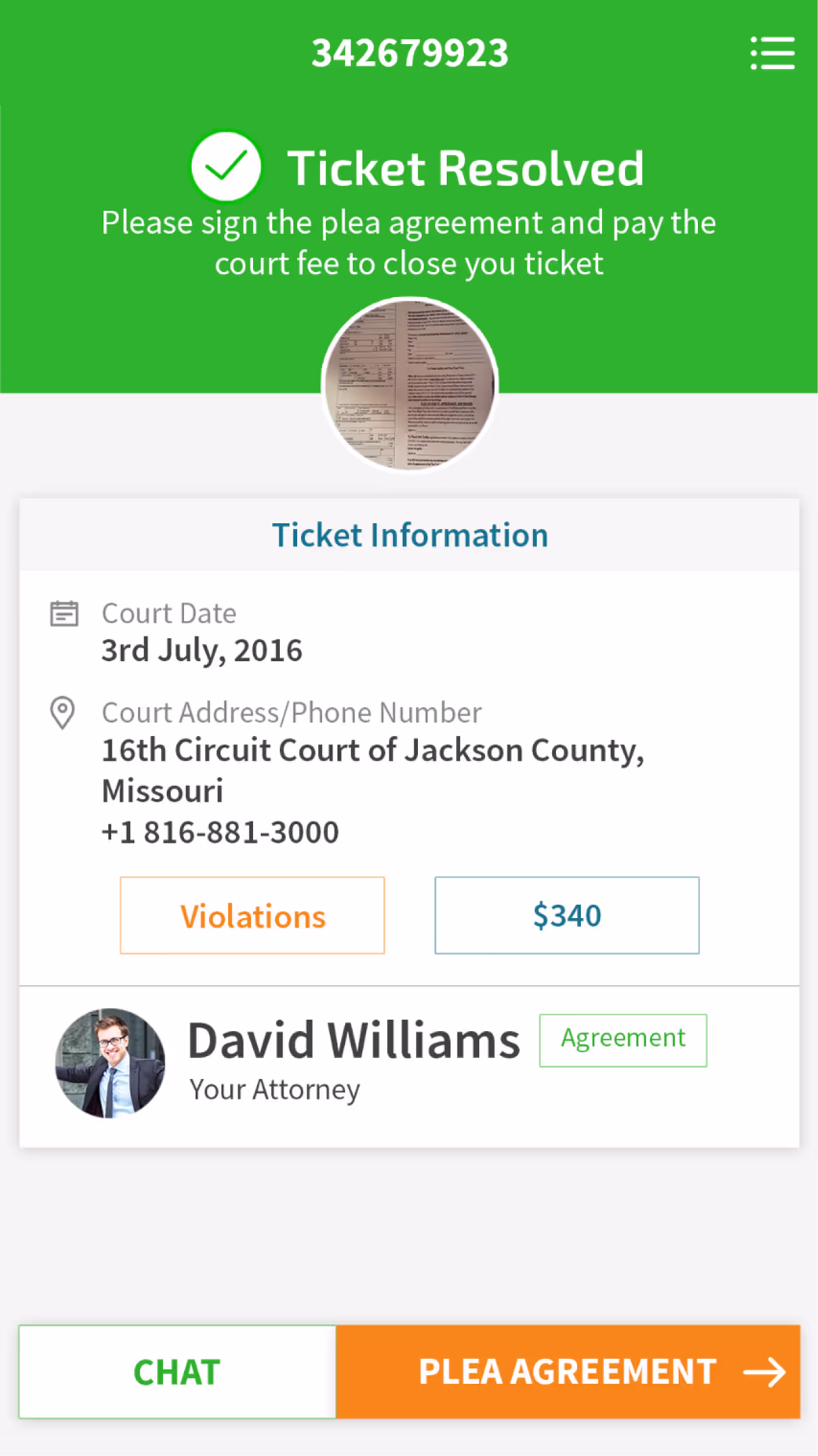ResQyou resolved ticket with the plea agreement as the next step