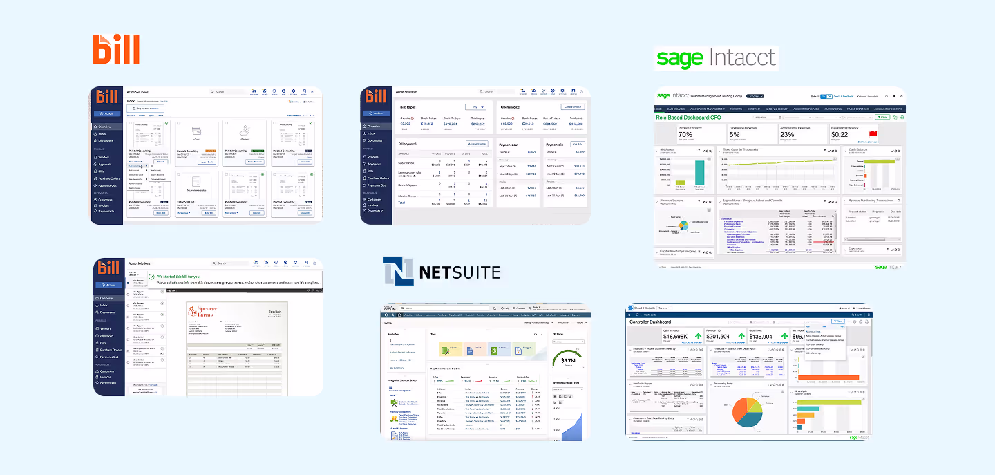 Competitor moodboard showing checkout and dashboard screens from Bill.com, Sage Intacct, and NetSuite