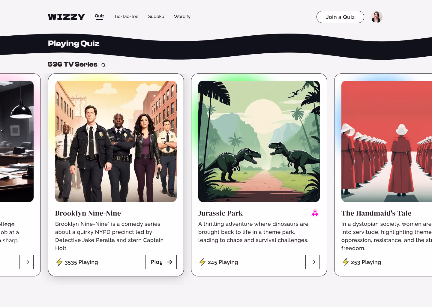 Wizzy quiz home with film and series categories