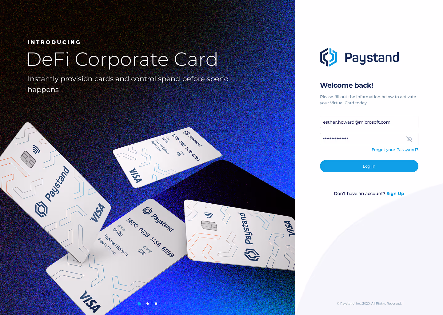 Paystand DeFi Corporate Card marketing screen