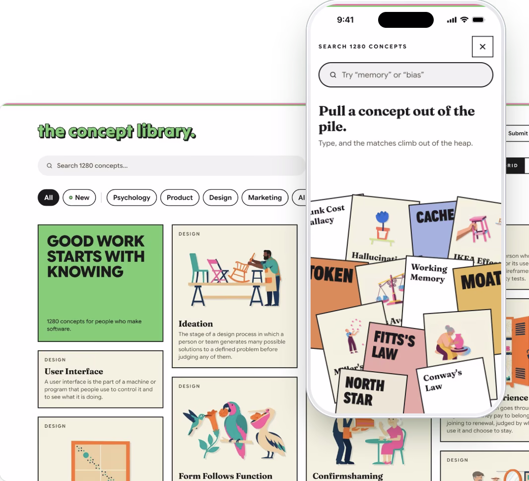 The Concept Library's poster wall on desktop beside its mobile search screen