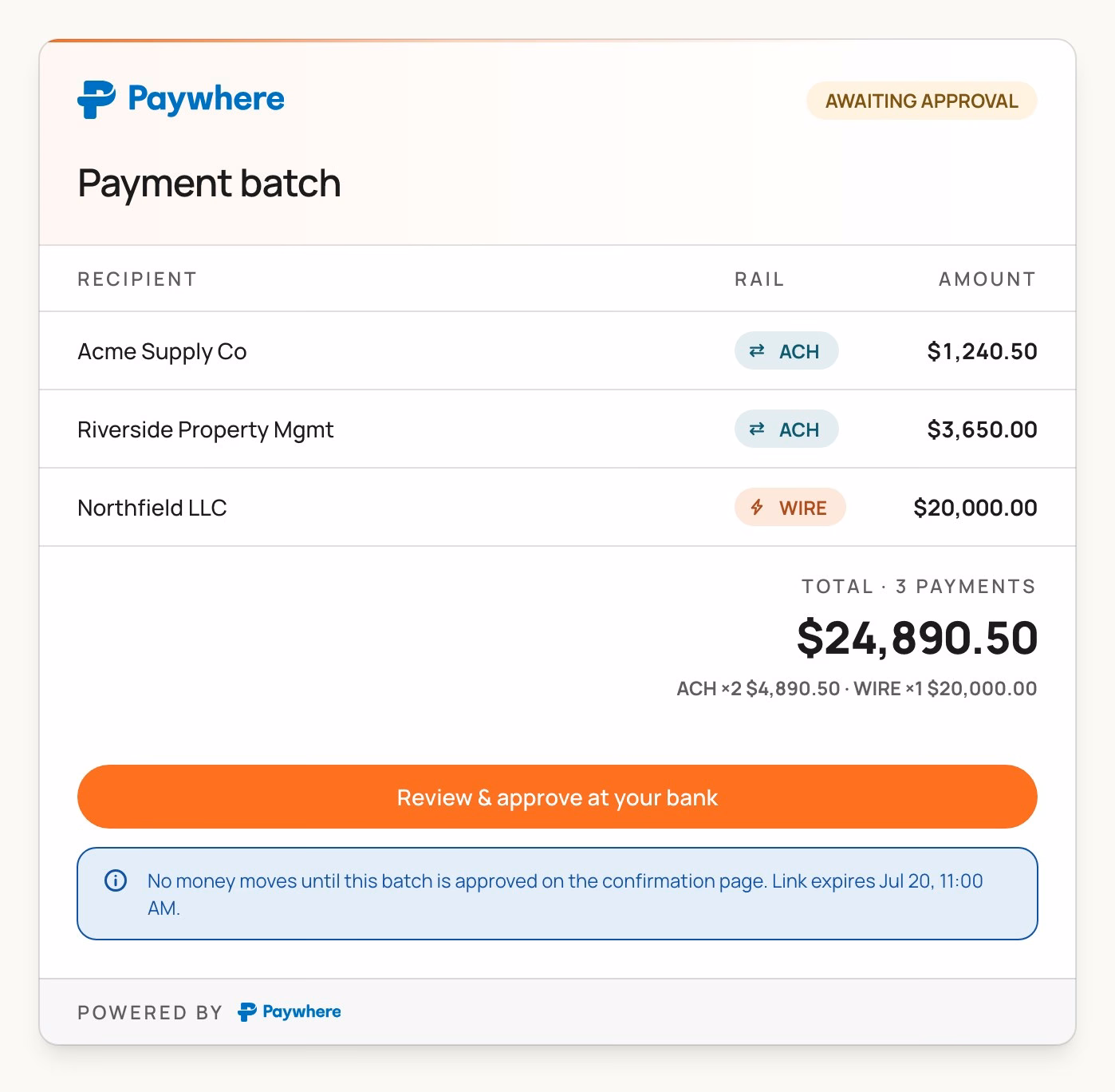 Payment batch card awaiting approval, handing off to the bank page