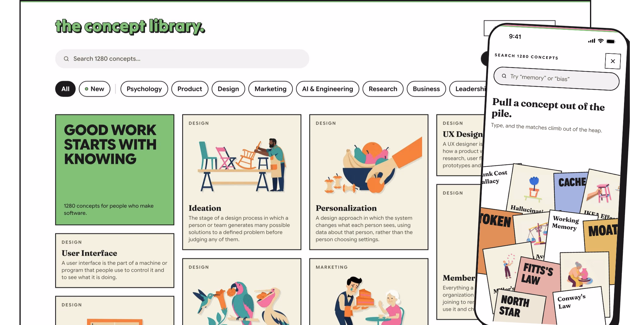 The Concept Library's home page, a wall of illustrated concept posters, with its mobile search screen tilted beside it
