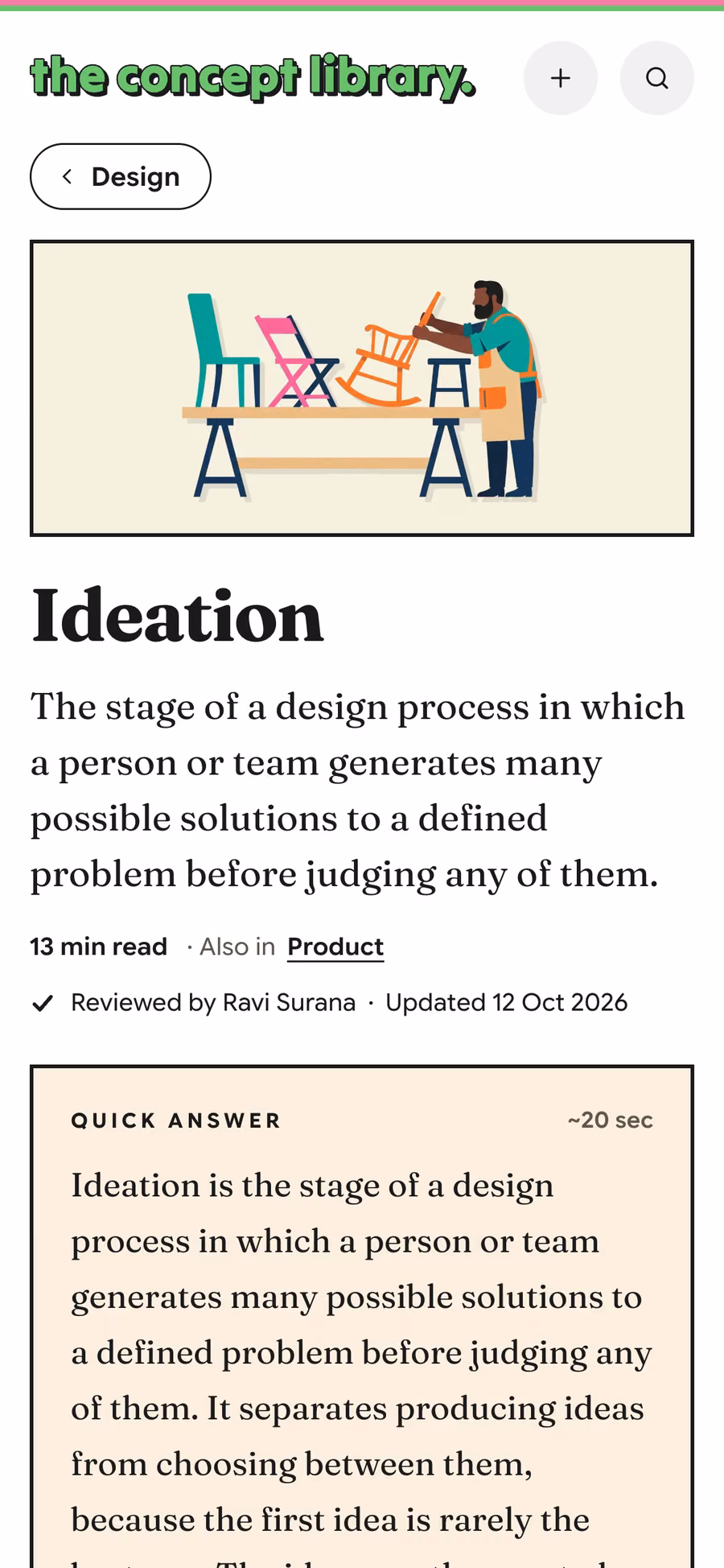 The Ideation concept page on a phone: cover illustration, title, one-line answer and the quick answer box