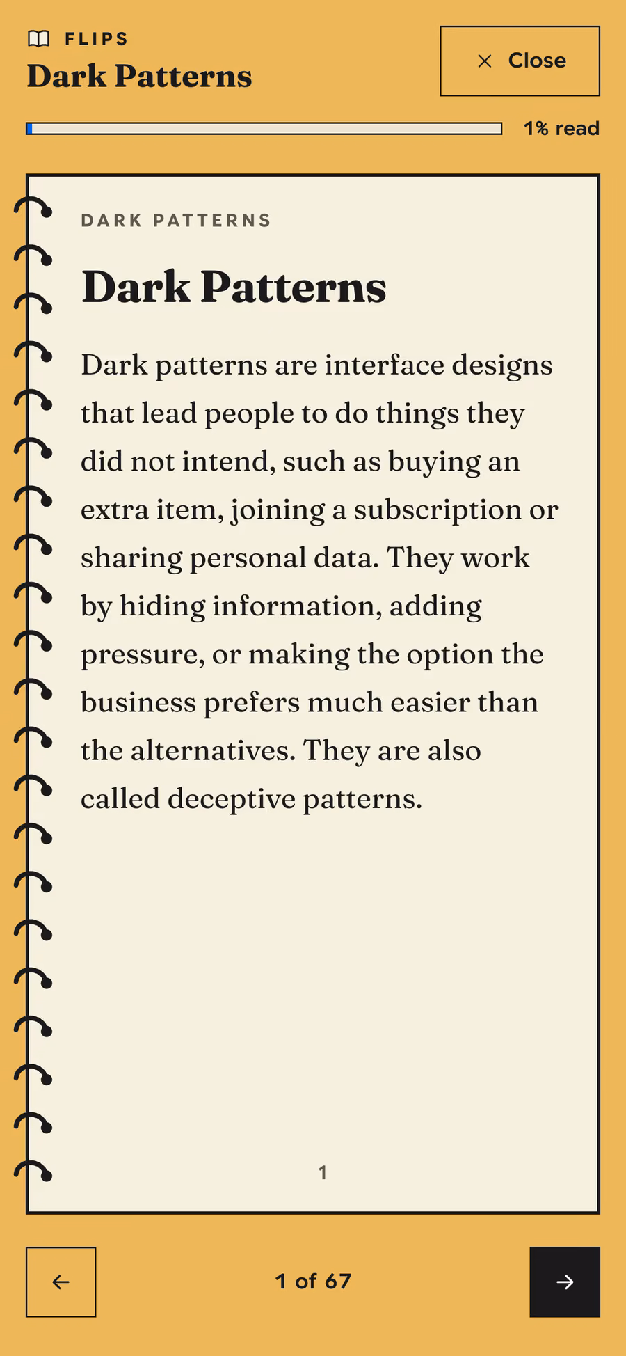 Flips on a phone: a spiral-bound page of the Dark Patterns article with page arrows at the bottom